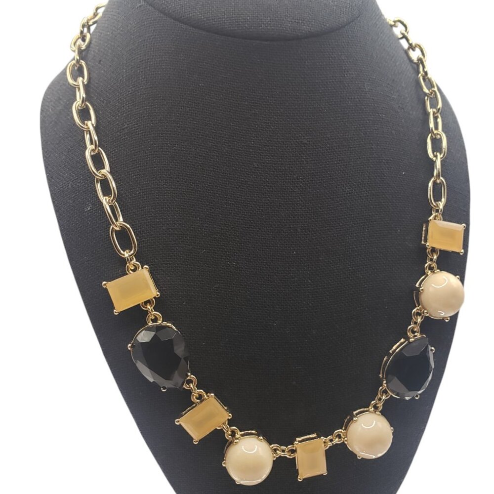 EUC J Crew Gold Tone Faux Pearl Black & Caramel Rhinestone Statement Necklace - Picture 8 of 12
